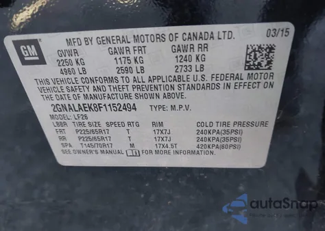 2015 Chevrolet Equinox Ls z USA, uszkodzony, nr VIN 2GNALAEK8F1152494